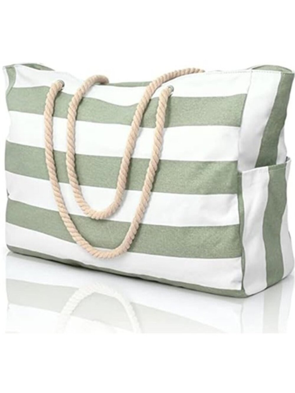 Large Capacity Waterproof Striped Canvas Beach Tote Bag With Rope Handle Green